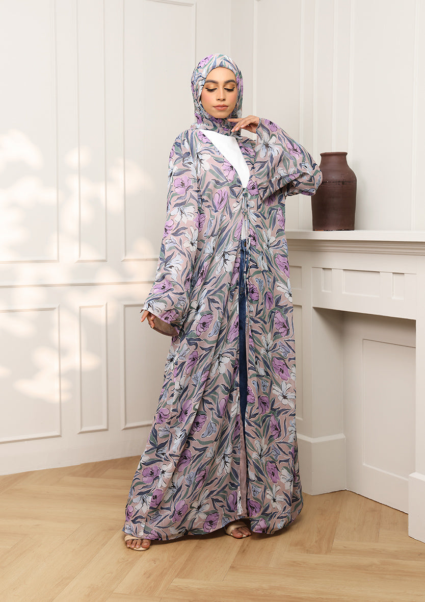 Tie Front Abaya & Shawl Set - Lavender Dreams