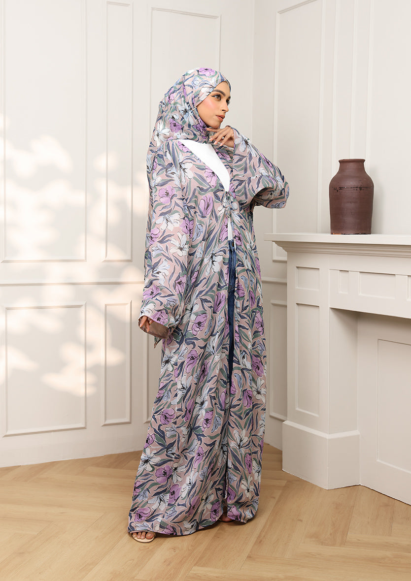 Tie Front Abaya & Shawl Set - Lavender Dreams