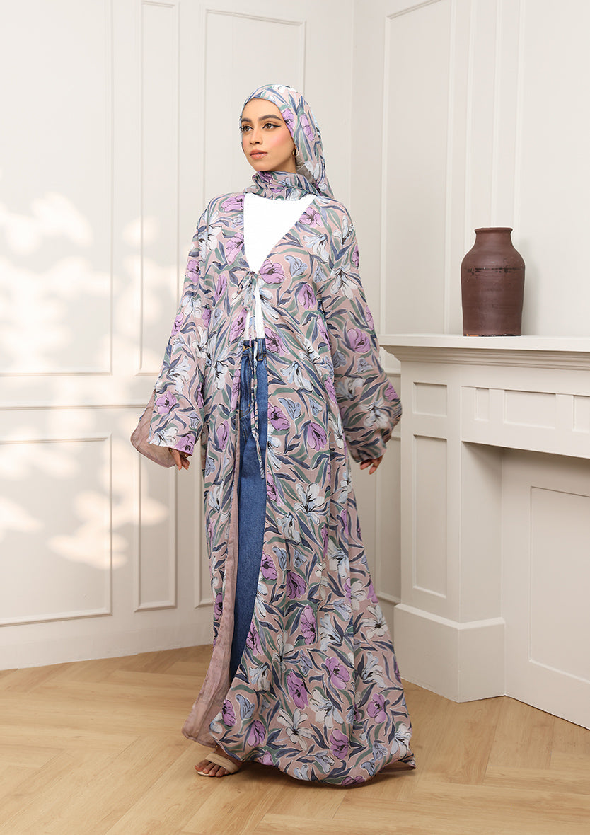 Tie Front Abaya & Shawl Set - Lavender Dreams