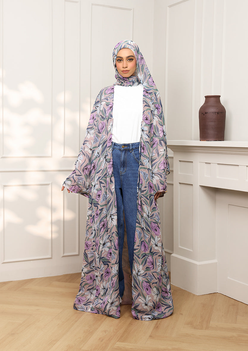 Tie Front Abaya & Shawl Set - Lavender Dreams