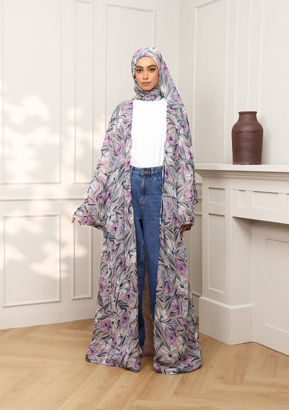 Tie Front Abaya & Shawl Set - Lavender Dreams