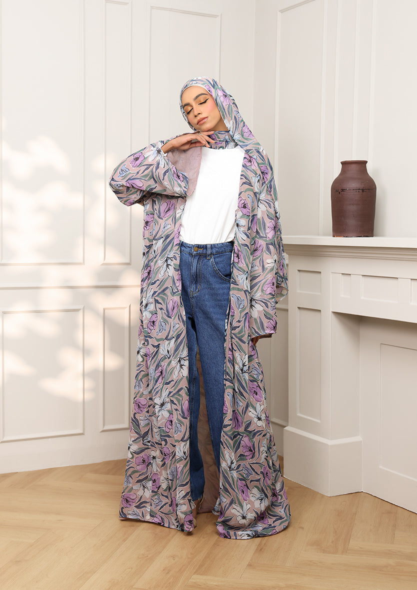 Tie Front Abaya & Shawl Set - Lavender Dreams