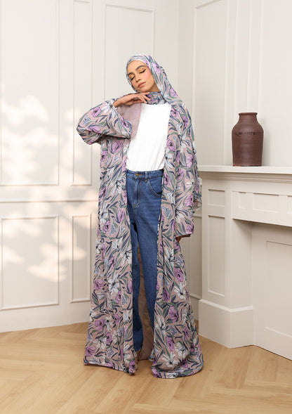 Tie Front Abaya & Shawl Set - Lavender Dreams