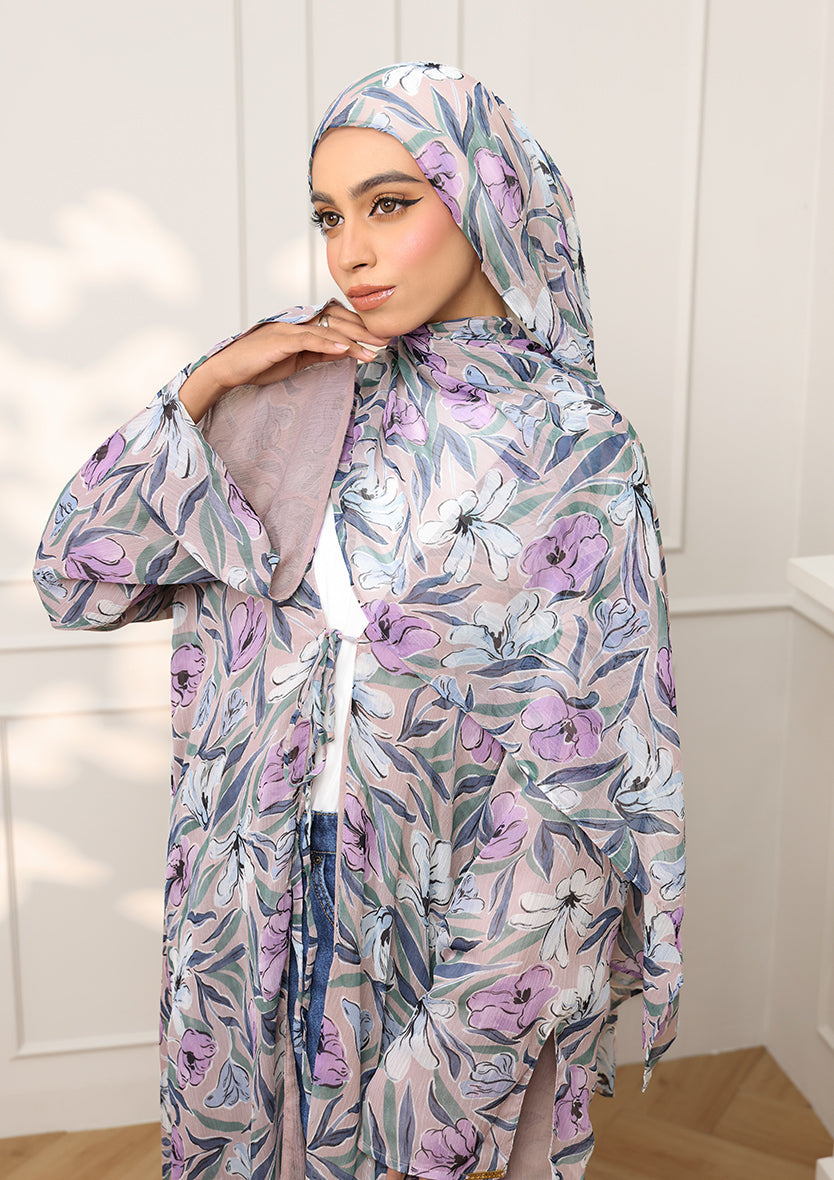 Tie Front Abaya & Shawl Set - Lavender Dreams