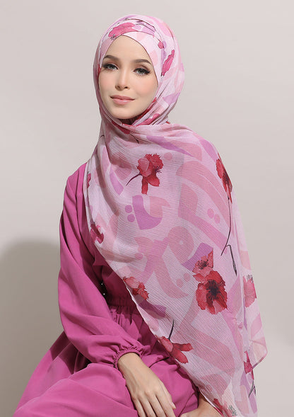 Romantic Poppy-Printed Crinkled Chiffon