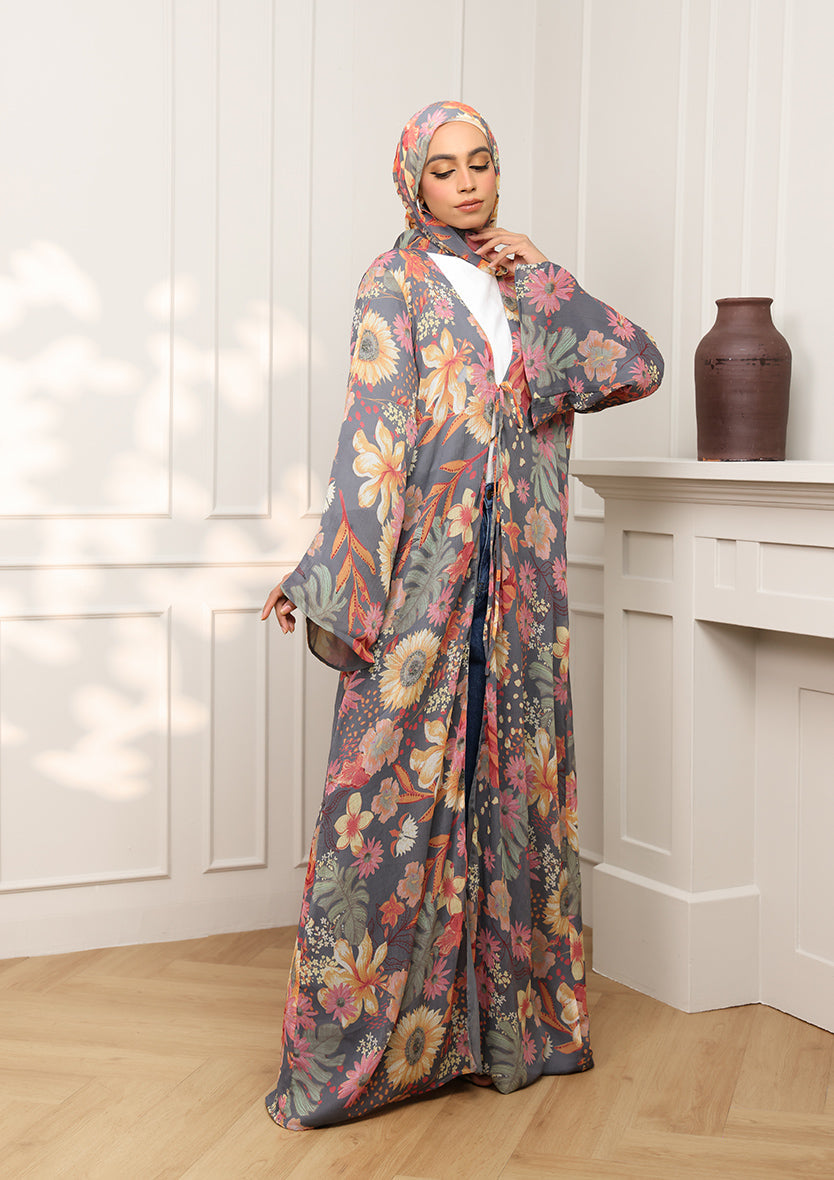 Tie Front Abaya & Shawl Set - Tropical Dawn