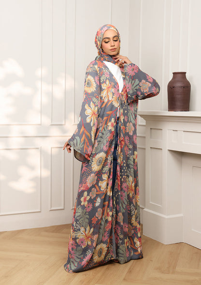 Tie Front Abaya & Shawl Set - Tropical Dawn
