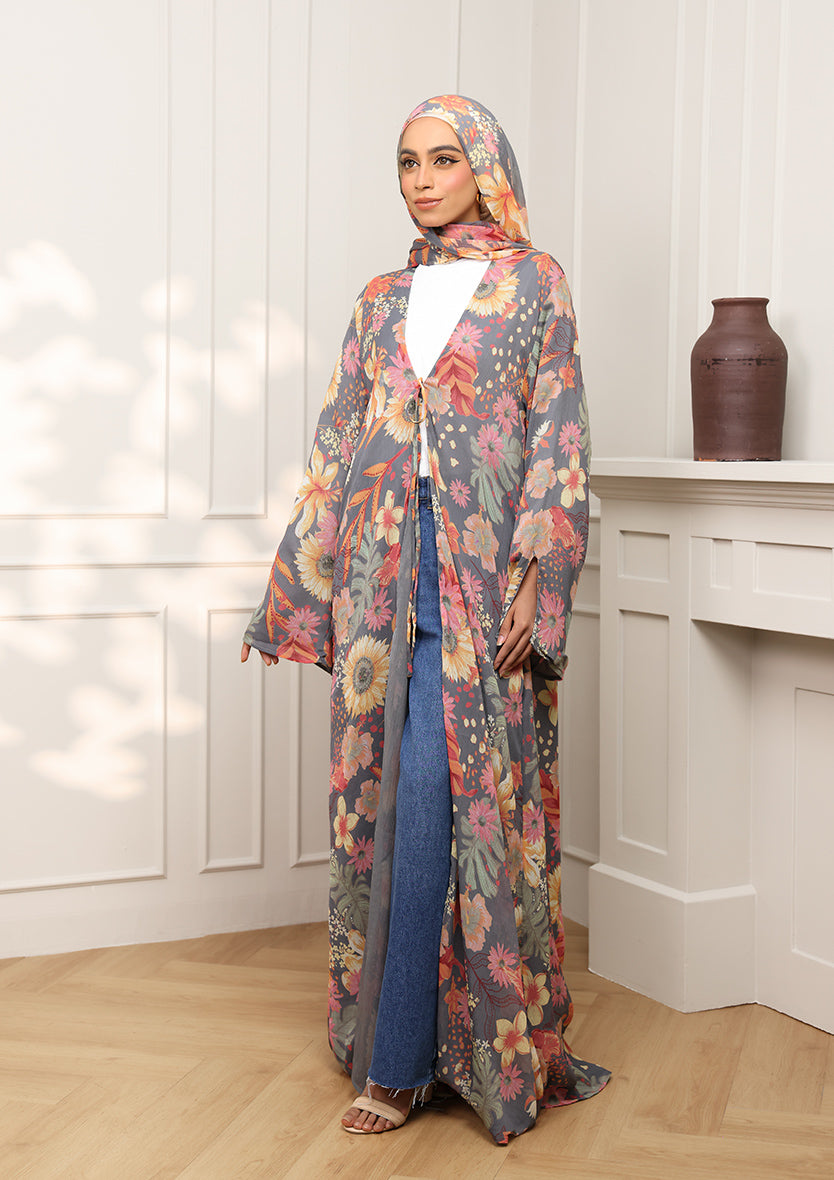 Tie Front Abaya & Shawl Set - Tropical Dawn