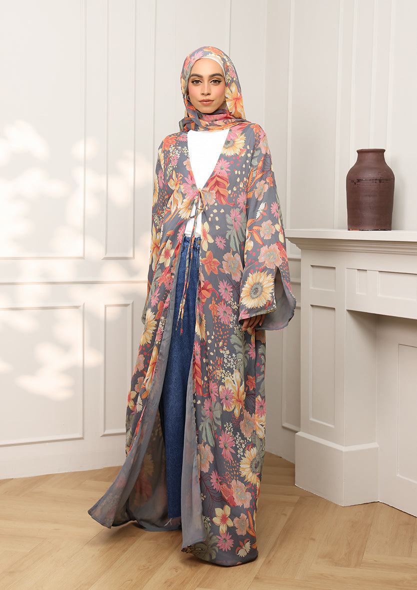 Tie Front Abaya & Shawl Set - Tropical Dawn
