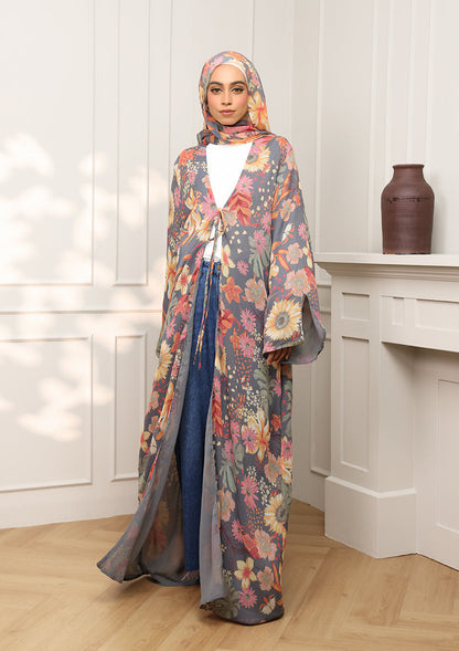 Tie Front Abaya & Shawl Set - Tropical Dawn