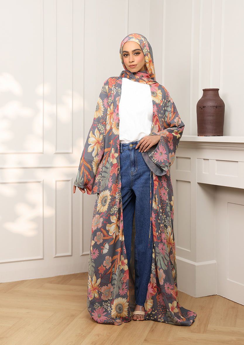 Tie Front Abaya & Shawl Set - Wild Rose