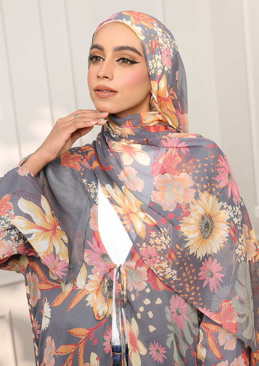Tie Front Abaya & Shawl Set - Tropical Dawn