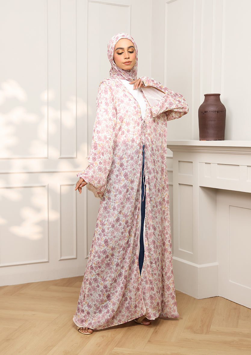 Tie Front Abaya & Shawl Set - Wild Rose