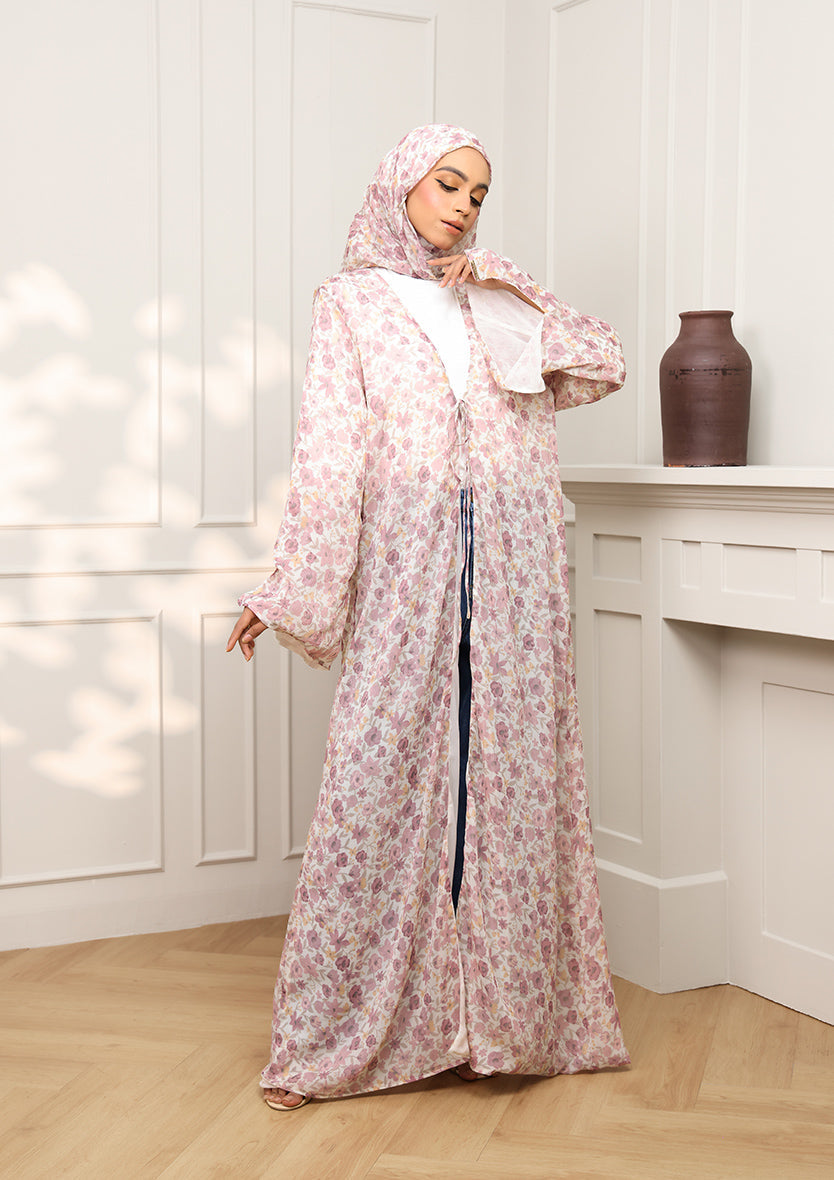 Tie Front Abaya & Shawl Set - Wild Rose