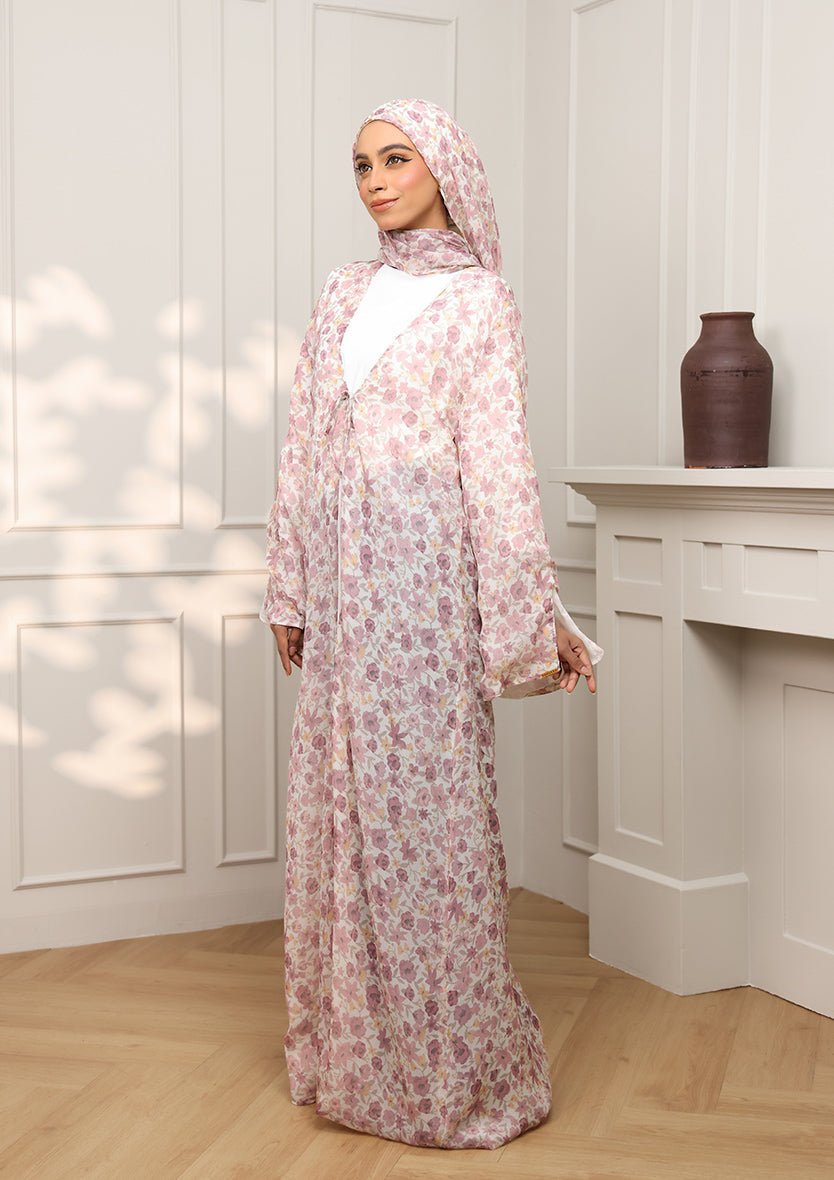 Tie Front Abaya & Shawl Set - Wild Rose
