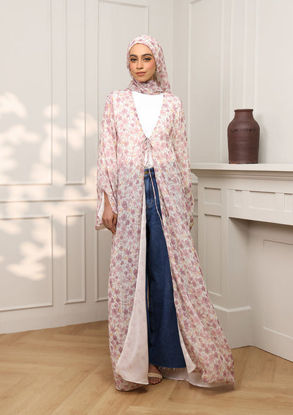 Tie Front Abaya & Shawl Set - Wild Rose