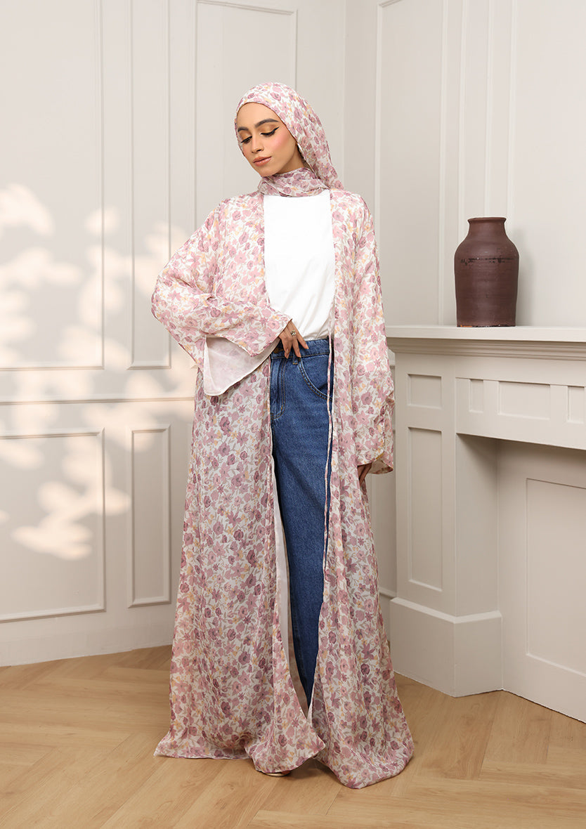 Tie Front Abaya & Shawl Set - Wild Rose