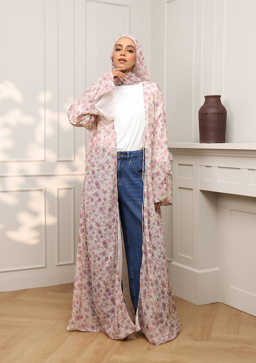 Tie Front Abaya & Shawl Set - Wild Rose